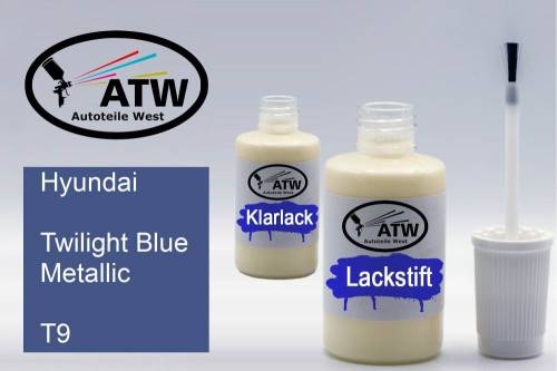 Hyundai, Twilight Blue Metallic, T9: 20ml Lackstift + 20ml Klarlack - Set, von ATW Autoteile West.